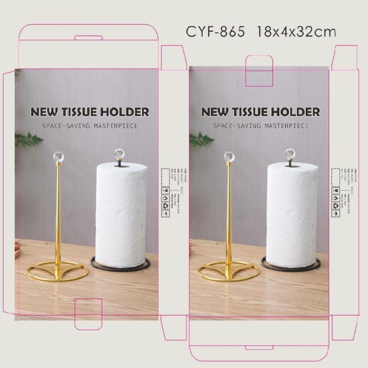 Home Paper Towel Stand with Open Base Design, Metal Tissue Rack and Clear Faceted Accent for Kitchen Counter, Dining Area, and Bath Use