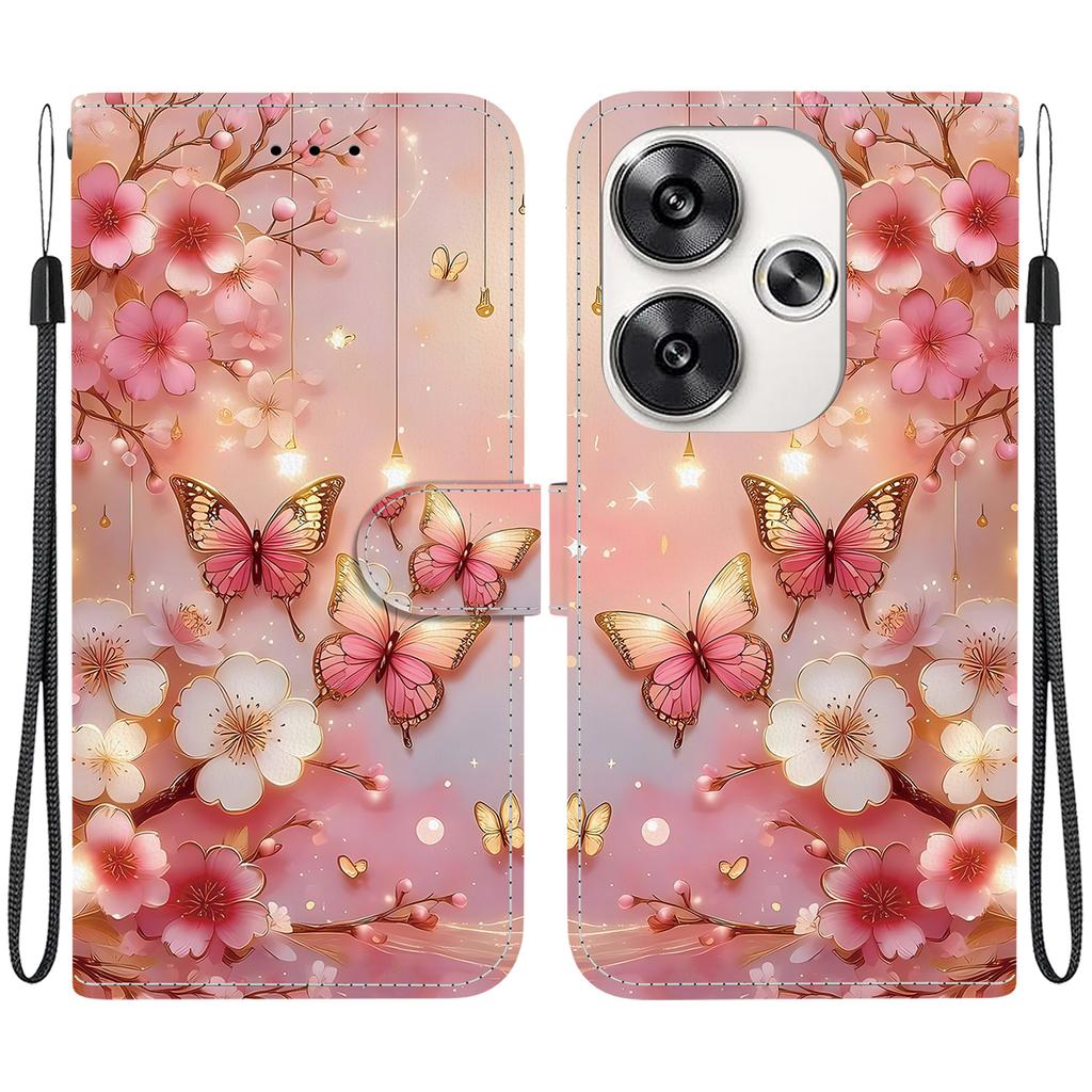Handmade PU Leather Flip Case for Xiaomi Poco F6 Anti-Slip Shockproof Cover with Wrist Strap & Heart/Rose Cat Designs