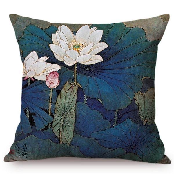 Chinese Vintage Watercolor Painting Lotus Cushion Cover Beautiful Elegant Home Decorative Summer Flowers Bird Throw Pillow Case
