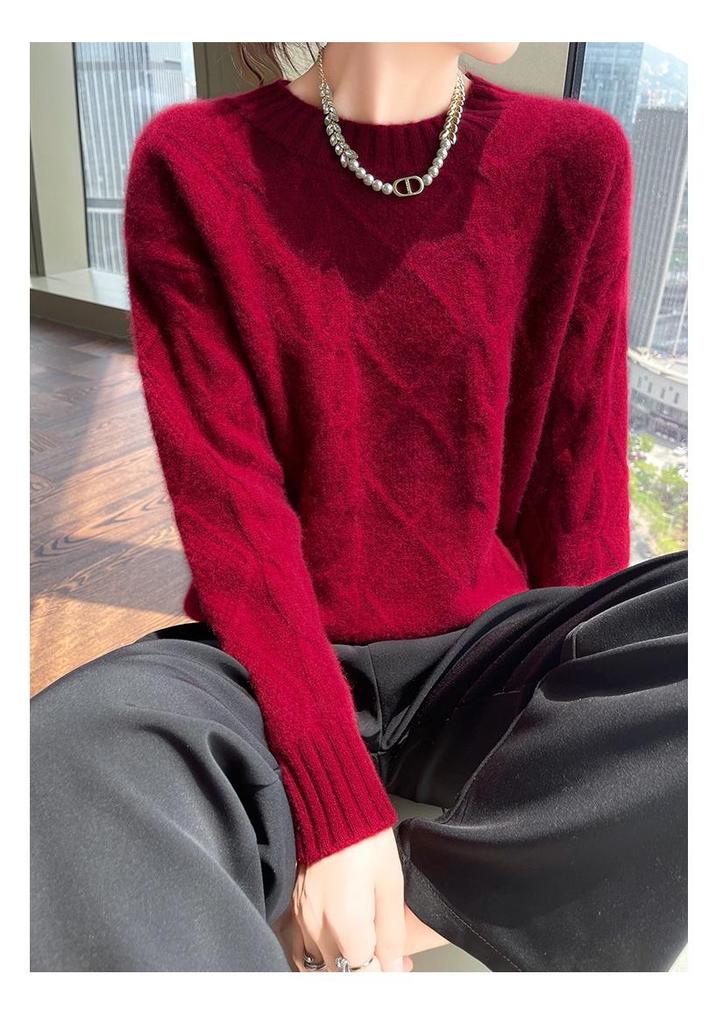 Women's Soft Cashmere Sweater, Round Neck, Diamond Jacquard, Thick Knit, Loose Fit, Base Layer