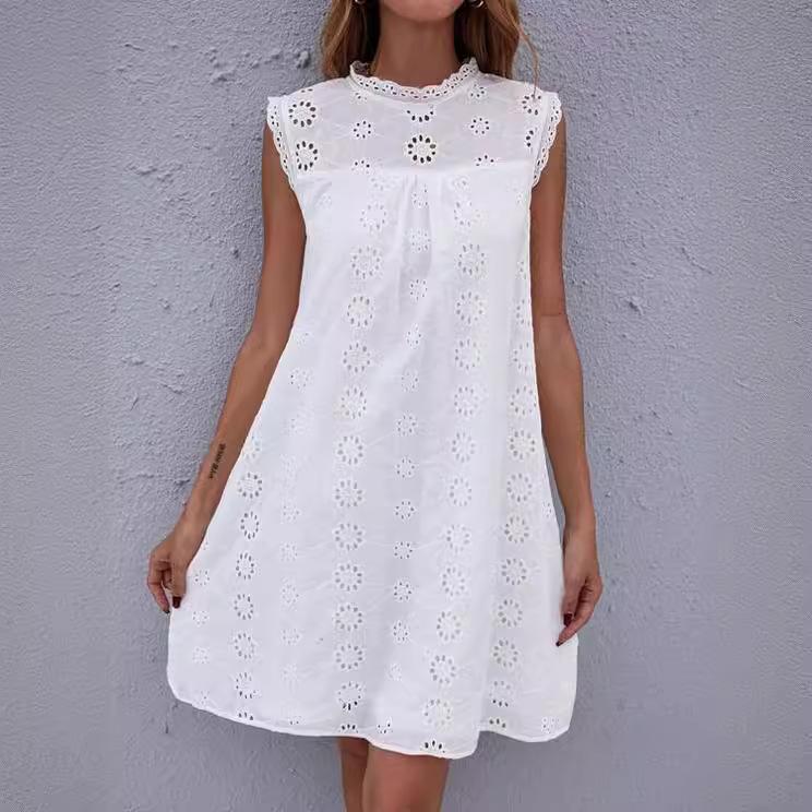 Women's Round Neck Sleeveless Eyelet Embroidery Loose Fit Casual A Line Mini Dress