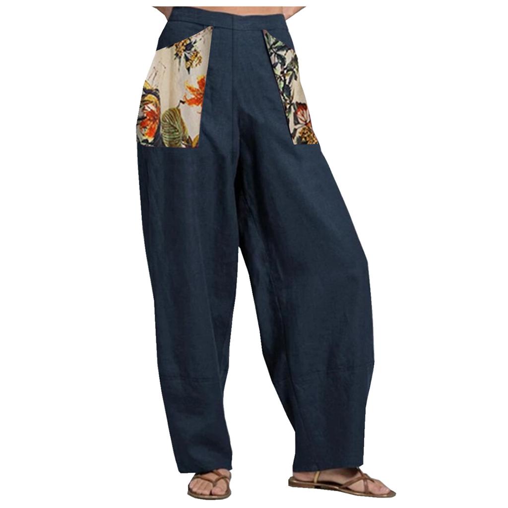 Women's Fashion Quilting Cotton Linen Print Wide Leg Pants Loose Pants