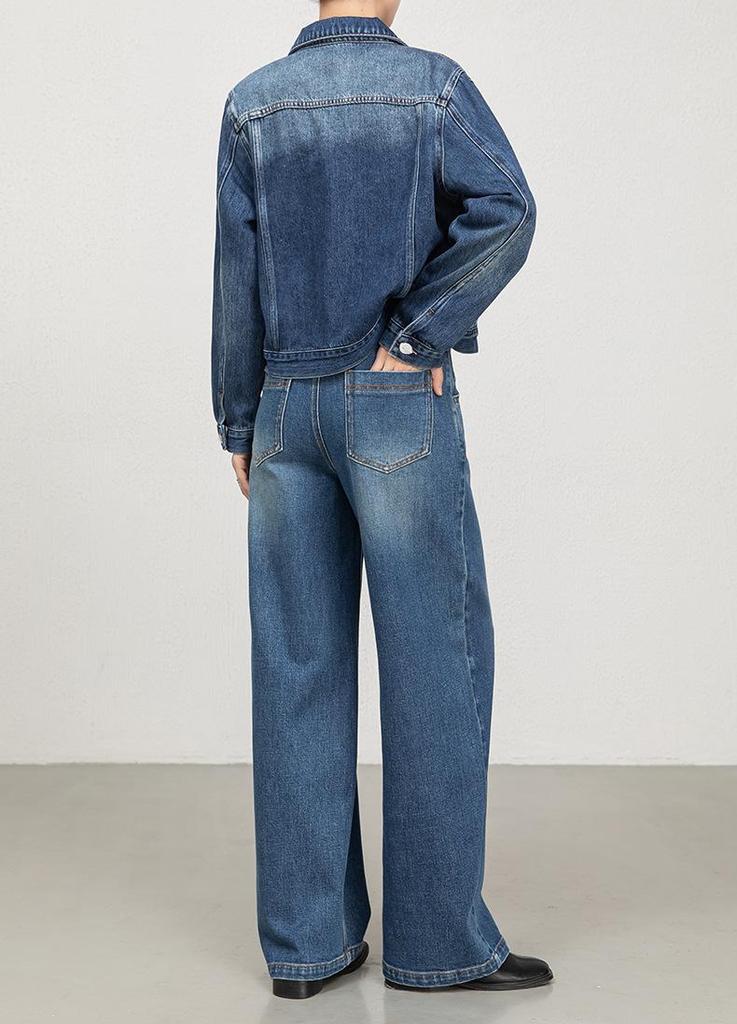 Women's Blue Long-Sleeved Denim Jacket with High-Waisted Wide-Leg Pants - Spring 2026 Collection
