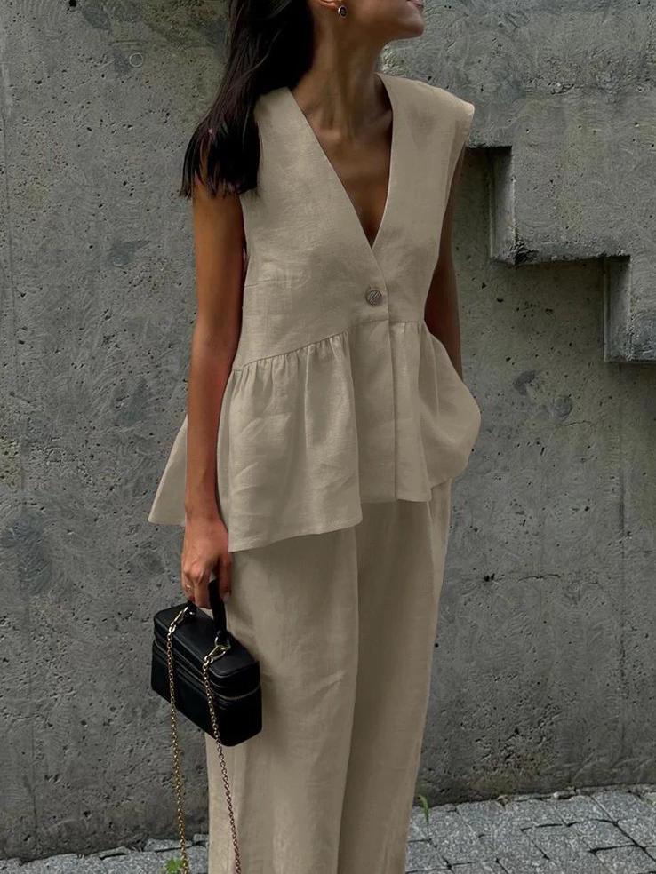2025 Women's European-American Solid Color V-Neck Sleeveless Top & Long Pants Two-Piece Set - Stylish & Comfy
