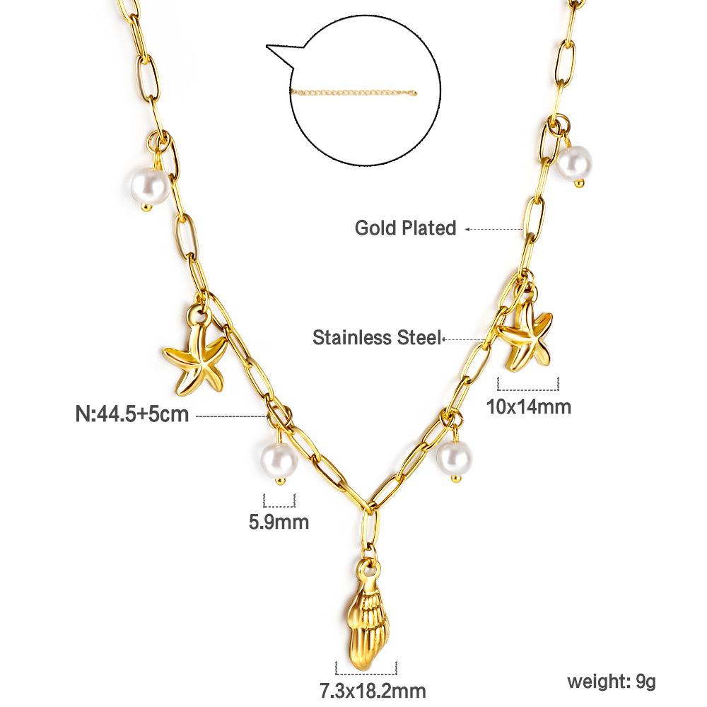Summer Beach Starfish Shell Pearl Pendant Gold Necklace Women's Jewelry Accessory