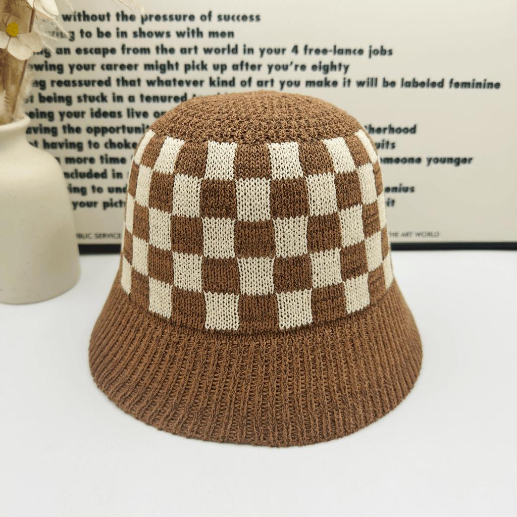 Black and white checkerboard wool hat women's spring and autumn versatile face small knitted bucket hat ins tide bucket hat