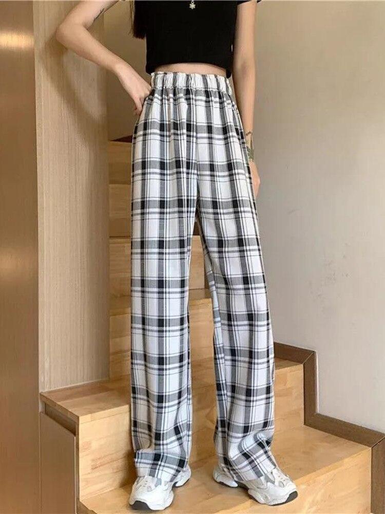 Vintage Plaid Women Pants High Waist Wide Leg Straight Pant Loose Casual Female Trousers Wide Leg Pant Fashion