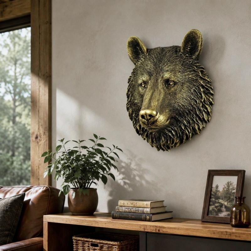 Entryway Wall Decors Bear Head Sculpture With Resin Construction, Antique Metallic Finish and Realistic Furs Texture for Indoor Accent Wall