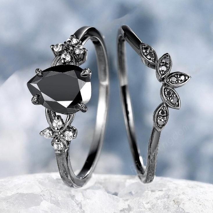 Exquisite Inlaid with Black Stone copper Color Waterdrop Rings Set Fashion Party Rings for Women Jewelry