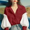 VONDA Women Lapel Neck Long Sleeve Striped Patchwork Buttons Up Loose Shirts Blouse