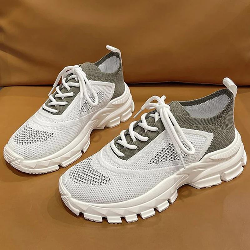 

Fashion Comfortable Breathable Mesh Sports Women Spring Autumn Wear-Resistant Thick Platform Sneakers Woman Solid Lace Up Shoes Lady 35