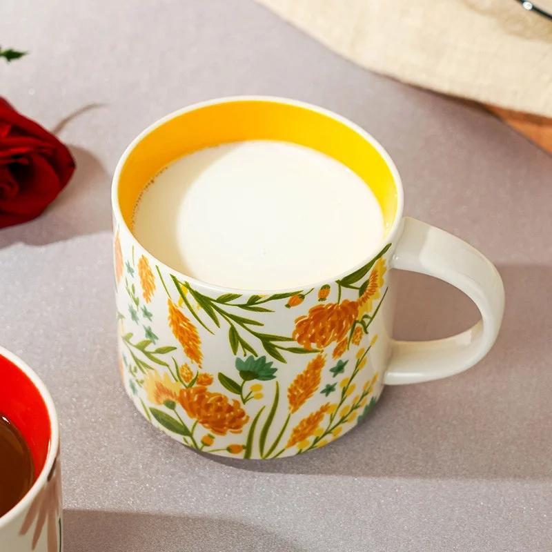 Floral Glaze Bird Pattern Ceramic Mug Handmade Household Coffee Mugs Large Capacity Anti-scald Breakfast Oatmeal Milk Tea Cup