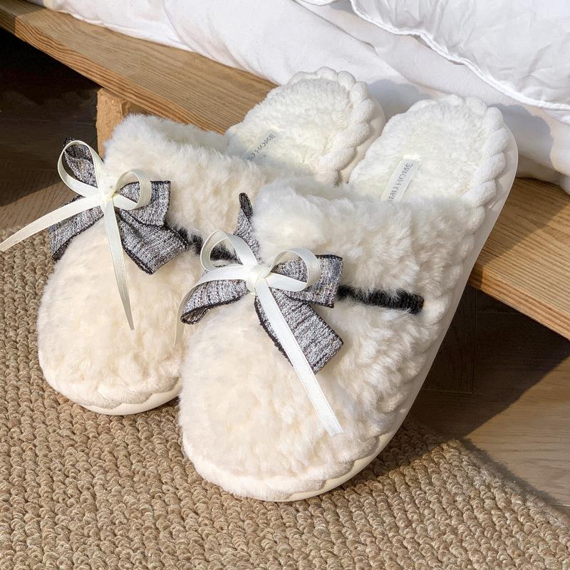 New Bow Cotton Slippers Winter Indoor Home Floor Slippers Non-slip Plush Bag Head Warm Shoes