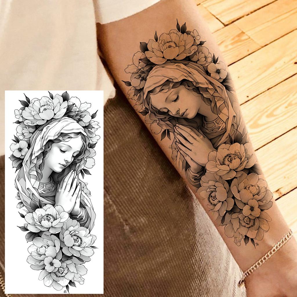 1 Sheet Girls With Flowers Holy Mother Temporary Tattoos For Women Body Art, Long Lasting Waterproof Temp Fake Tattoo Stickers