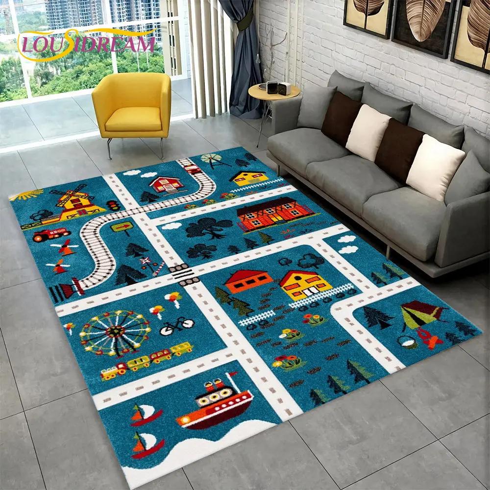 Highway City Traffic Cartoon Area Rug,Carpet Rug for Living Room Playroom Children's Bedroom Decor,Kid Game Non-slip Floor Mat