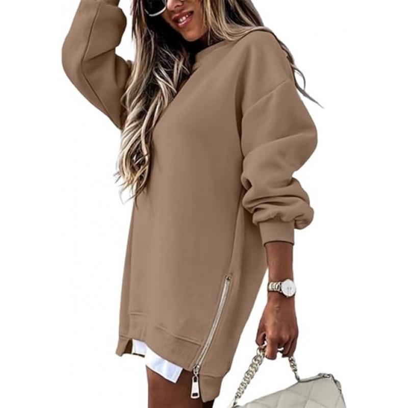 Women's Spring Autumn Fashion Splicing Side Zipper Design Sweatshirt Round Neck Long Sleeved Mid Length Irregular Tops