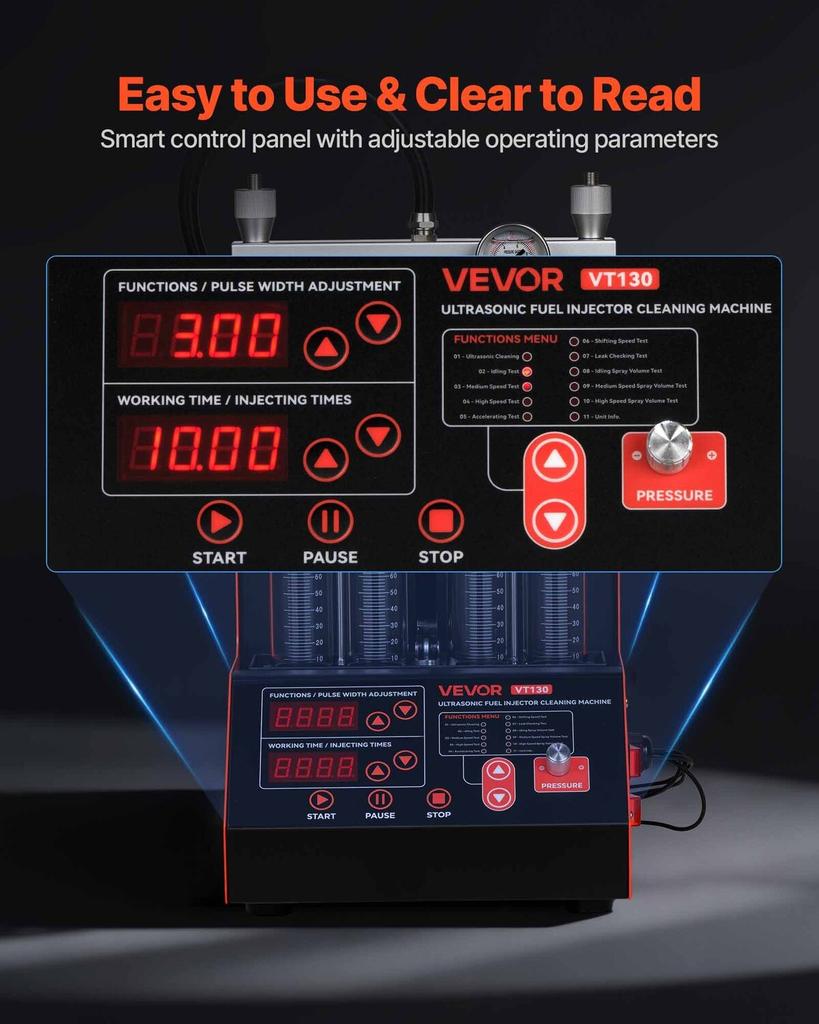 Fuel Injector Cleaner Tester, 9 Test Modes, 4-Cylinder 28kHz Ultrasonic Cleaning Machine, Automotive Injector Cleaner Machine with Drain Valve and 12V