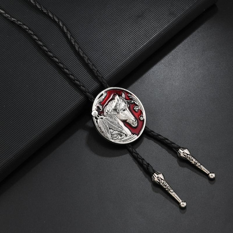 Mens Adjustable Leather Cord Bolo Tie with Enamel Metal Badge Pendant Western Rodeos Outfit Shirt Chain Necktie Necklace