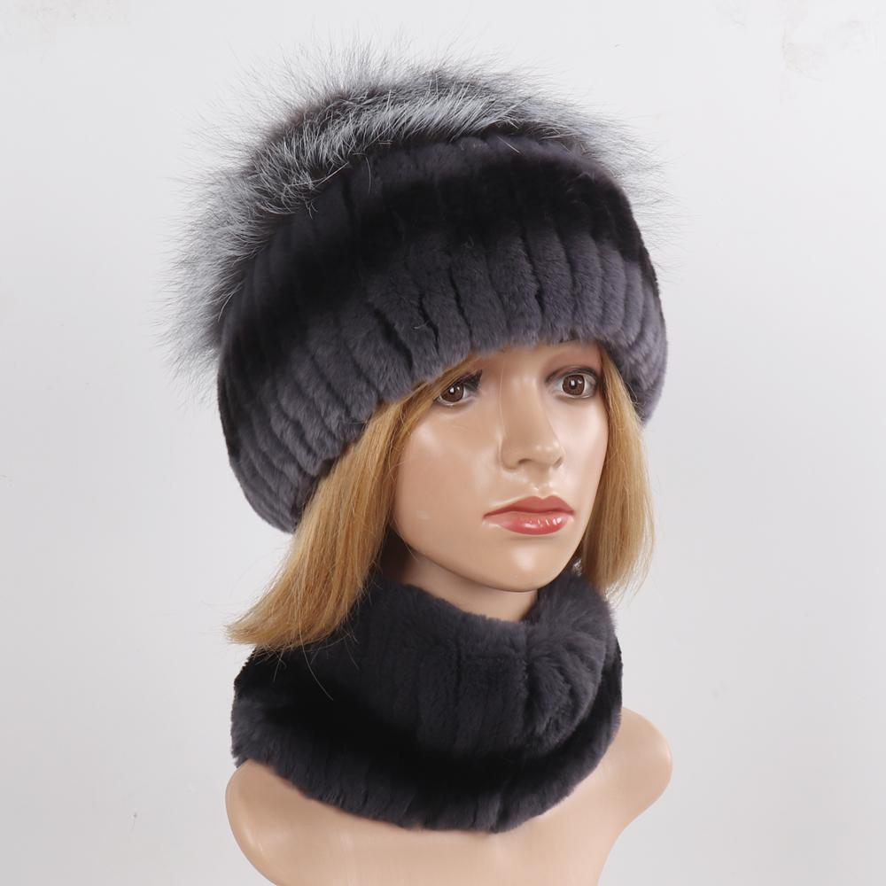 Hot Sale Women Winter Real Rex Rabbit Fur Hat Scarf Sets Natural Warm Genuine Silver Fox Fur Rex Rabbit Fur Cap Scarves 2 Pieces