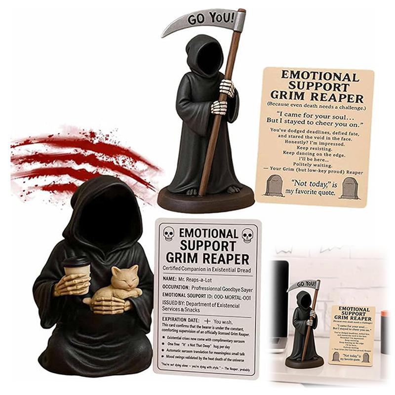 Gothic Emotional Support Figurine Grim Reaper Statue Halloween Decoration Holding Coffee & Cat Resin Desktop Ornament
