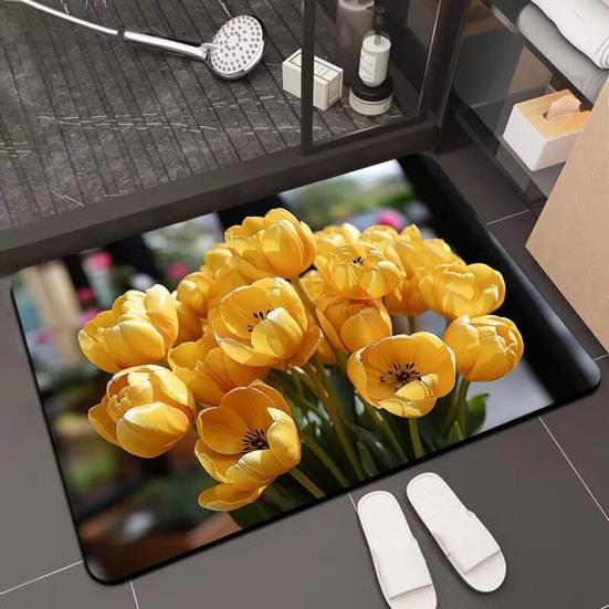 3D Visual Flower Diatom Mud Floor Rug Realistic Floral Doormat Anti-Slip Absorbent Mat for Bedroom Kitchen Bathroom Sofa Coffee Table