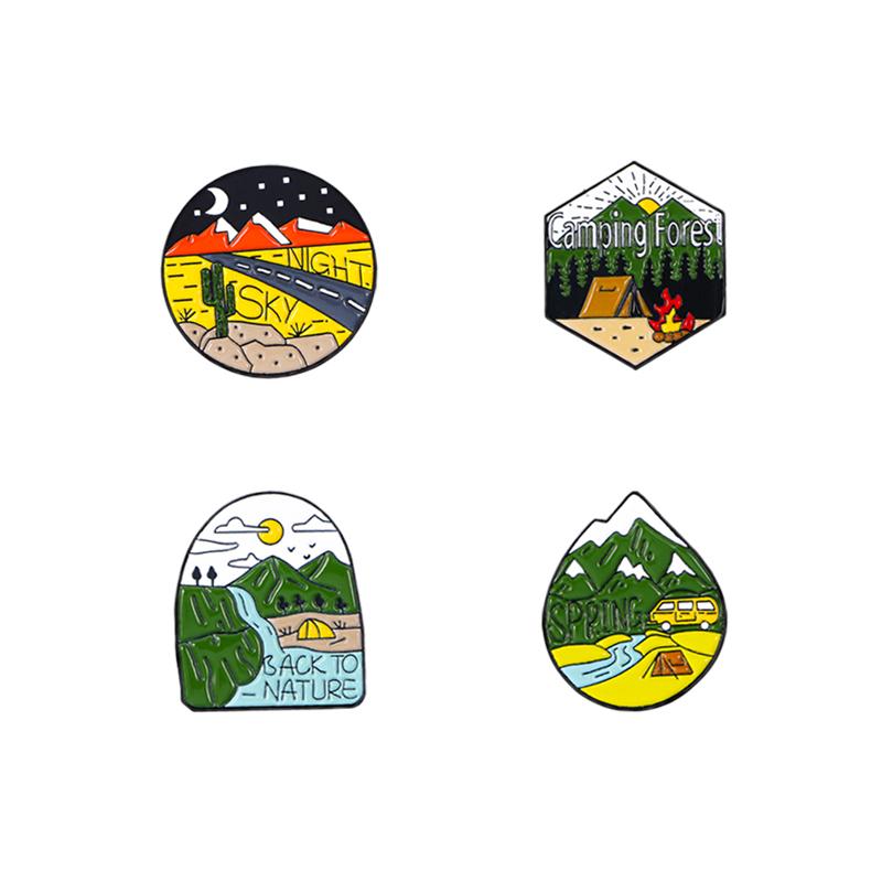 Outdoors Camping Forest Enamel Brooches Wilderness Spring Sky Night Back To Nature Camp Pins For Backpack Bag Hat Decoration