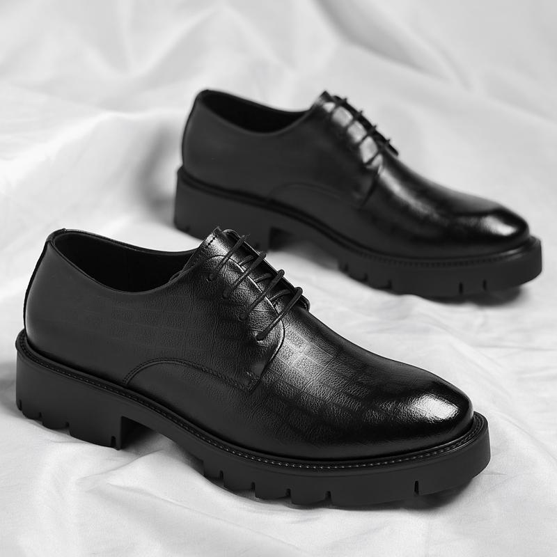 Men's Low Top British Leather Shoes Big Head Warm Fur Thick Bottom Non Slip Work Shoes Elevator Casual Oxford Shoes