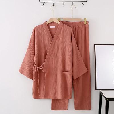 Kimono Suit Lovers Cotton Crepe Pajamas Long Sleeved Trousers Two-piece Kimono Suit for Men and Women Sleepwear