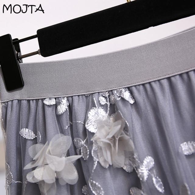 Herfst Winter Dames Hoge Taille Casual Lange Rok Kleding Mesh Kralen Mid-kuit Rokken Vrouw Lange Rokken Voor Dames