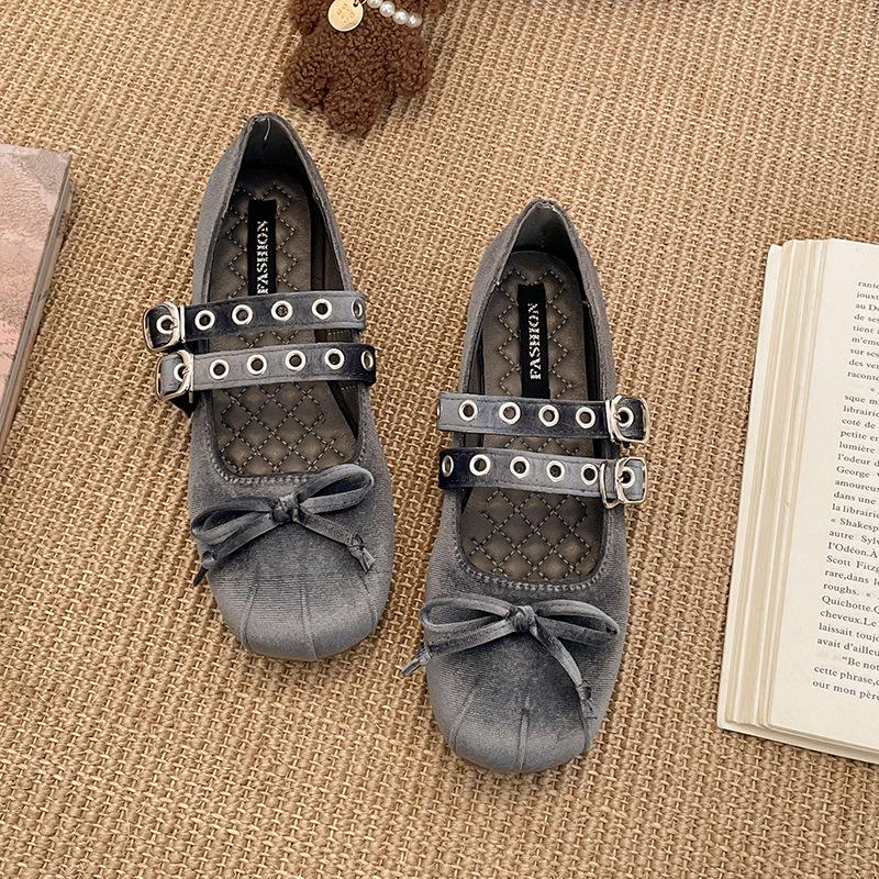 

Ретро балетный стиль плоская подошва мелкий вырез одинарные туфли женские 2025 новые весна и осень круглый носок бант мягкая подошва туфли Мэри Джейн 40 серый