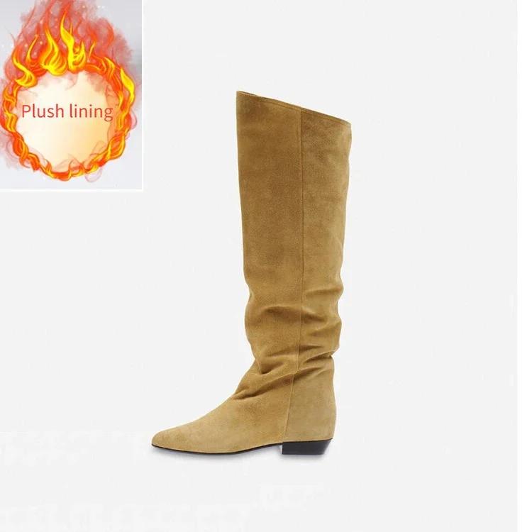 Fashion New Fashion Lazy Pleated Cow Suede Knee High Boots Autumn Winter Round Head Low-heel Short Plush Warm Women Long Boot Size 34-43