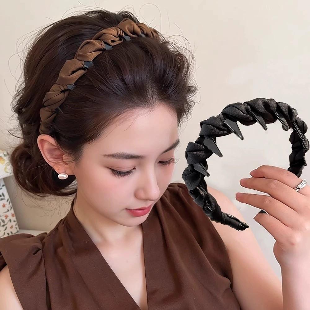 Solid Color Satins Non-Slip Headband Teeth Stretchy Fabric Wrapped Hairband for Women Daily Hair Accessories