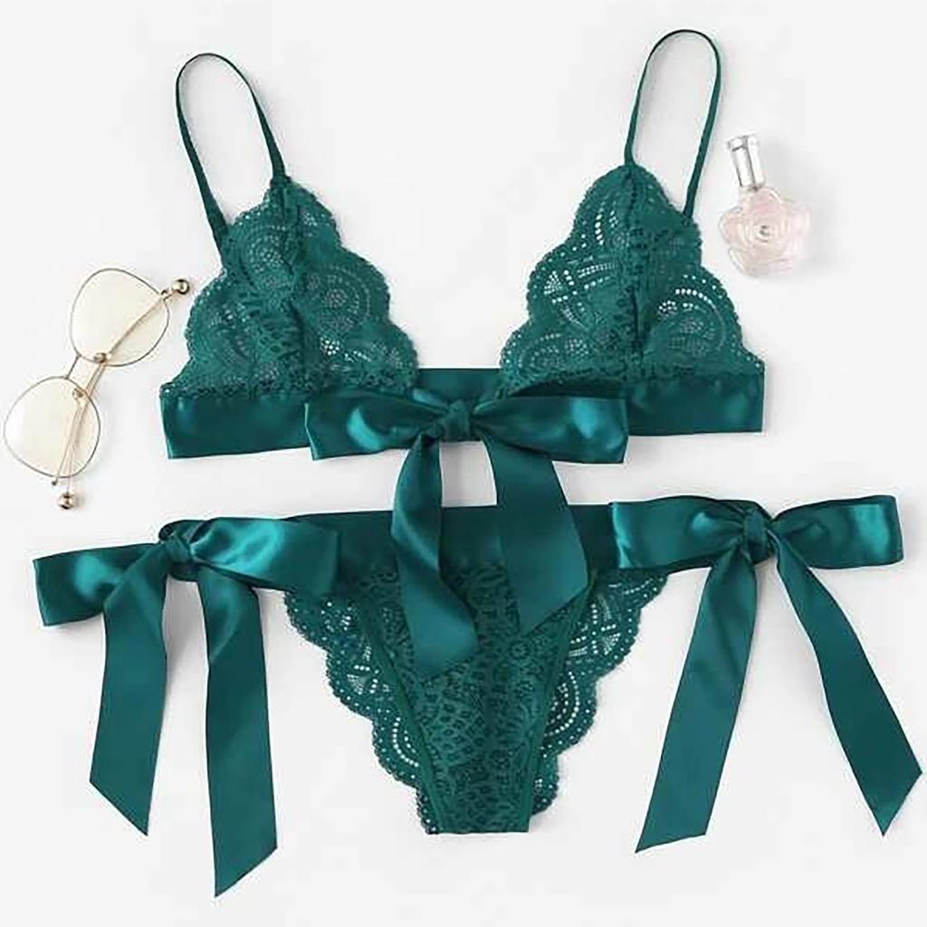 Lace Bralette Set with Bow Tie Straps Two Piece Lingerie Set Sheer Mesh Triangle Bra and Matching Panty Soft Fabric Intimate Wear for Women