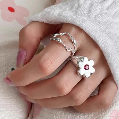 Korean Version of Glossy Flower Ring Fashion Heavy Industry Versatile Niche Light Luxury Open Index Finger Ring Tide