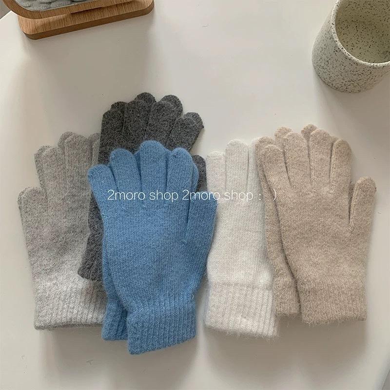Solid color knitted gloves for women's winter windproof cycling, warm and cold-proof hand protection, five-finger finger student riding gloves, Korea