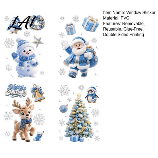 Winter Wonderland Wall Decals 4Pcs Christmas Static Window Clings Blue Santa Snowman Reindeer Penguin Clings Stickers Reusable Double Sided