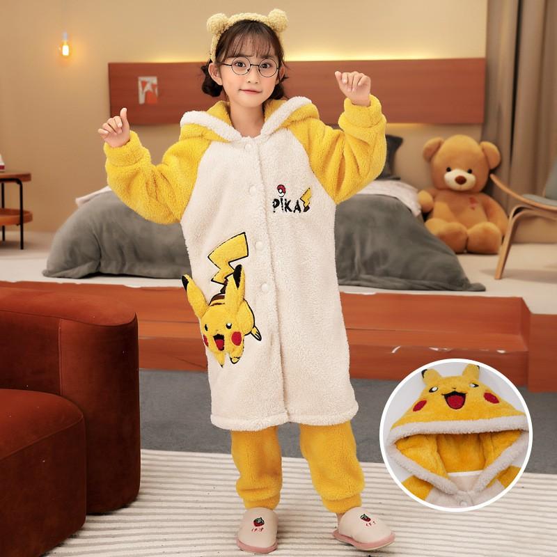 Girls Winter Coral Fleece Pajama Set Long Sleeve Hooded Sleepwear Kids 8 Years Soft Warm Home Outfit