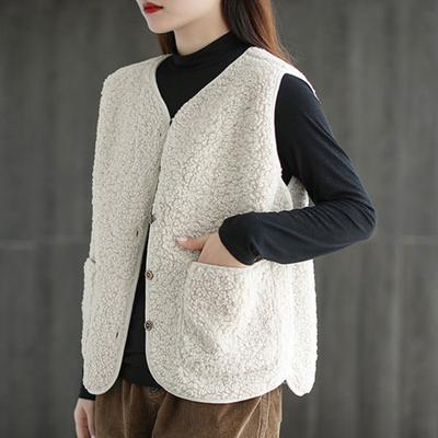 Fall Winter Women Vest Coat V Neck Fleece Single-breasted Double Pockets Sleeveless Cardigan Solid Color Daily Wear Office Waistcoat
