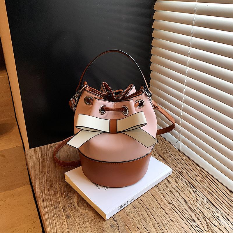 Bow portable small bag women's summer new trendy fashion contrasting color bucket bag shoulder messenger bag
