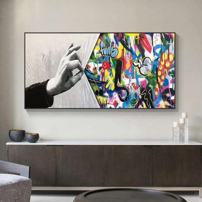Banksy Graffiti-Kunst hinter dem Vorhang Leinwandgemälde Street Pop Art Poster und Drucke Wandbild für Wohnzimmerdekoration