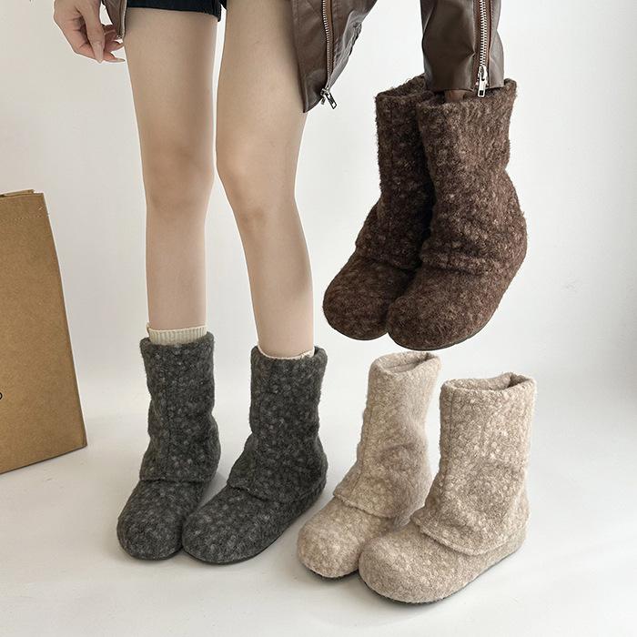 Winter Korean Version Round Head Flat Shoes Velvet Sleeve Cotton Boots Women's Short Boots Warm Snow Boots Women's Non-slip and Waterproof