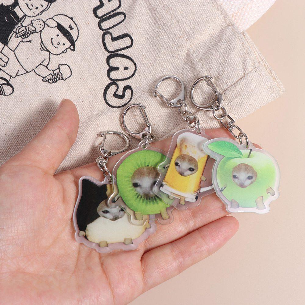 Funny Food Cat Head Keychain Acrylic Banana Cat Keyring Cute Cat Meme Pendant  Backpack Decor
