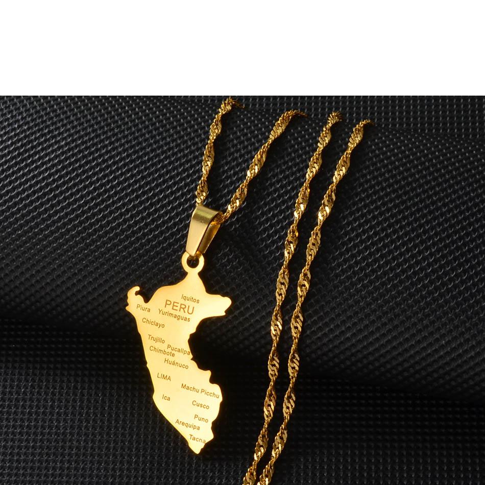 Anniyo Peru Map Wity City Name Pendant Necklaces for Women Men Gold Color/Silver Color Map of Peru Jewelry Peruvian #248121 45cm OR 17.7 Inches