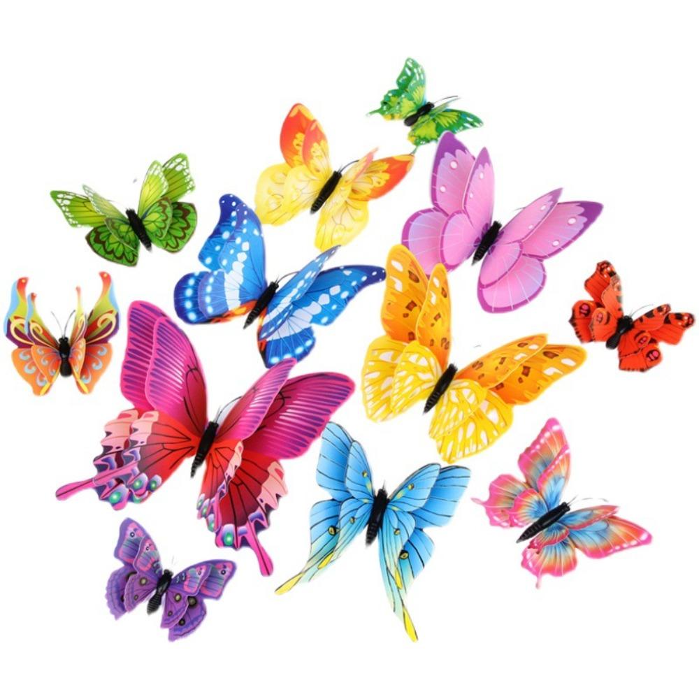 12Pcs DIY 3D Butterfly Wall Stickers Double-layer Simulated Art Magnet Stickers Fashion Color Magnet Fridge Decals Room
