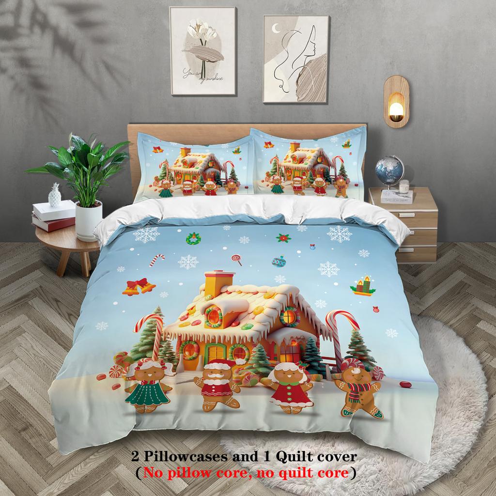 3-piece Christmas gingerbread man pattern print (1 duvet cover+2 pillowcases, no core) comfortable bedding set