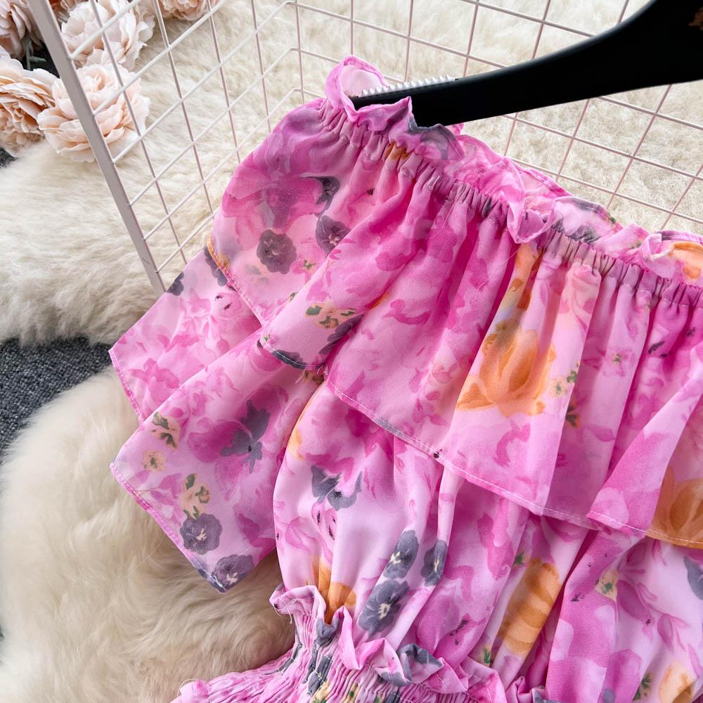 Summer French One Line Neck Fragmented Flower Dress Pleated Waist Wrapped High Grade Sweet Dress