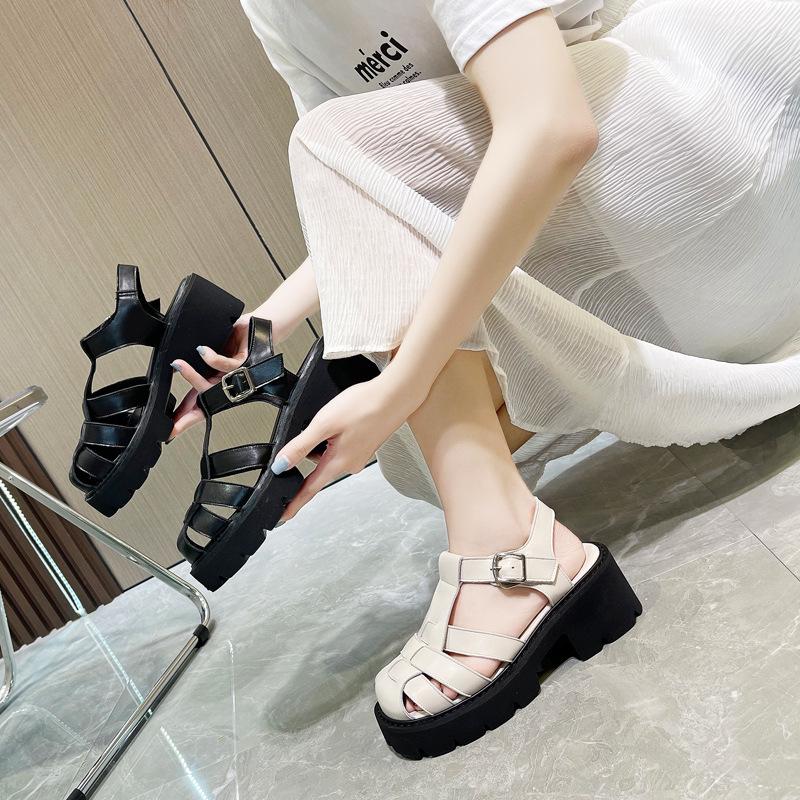 Leather Baotou Roman Sandals Women's High Heel 2025 New Platform Muffin Shoes Summer Hollow Heel Pig Cage Shoes