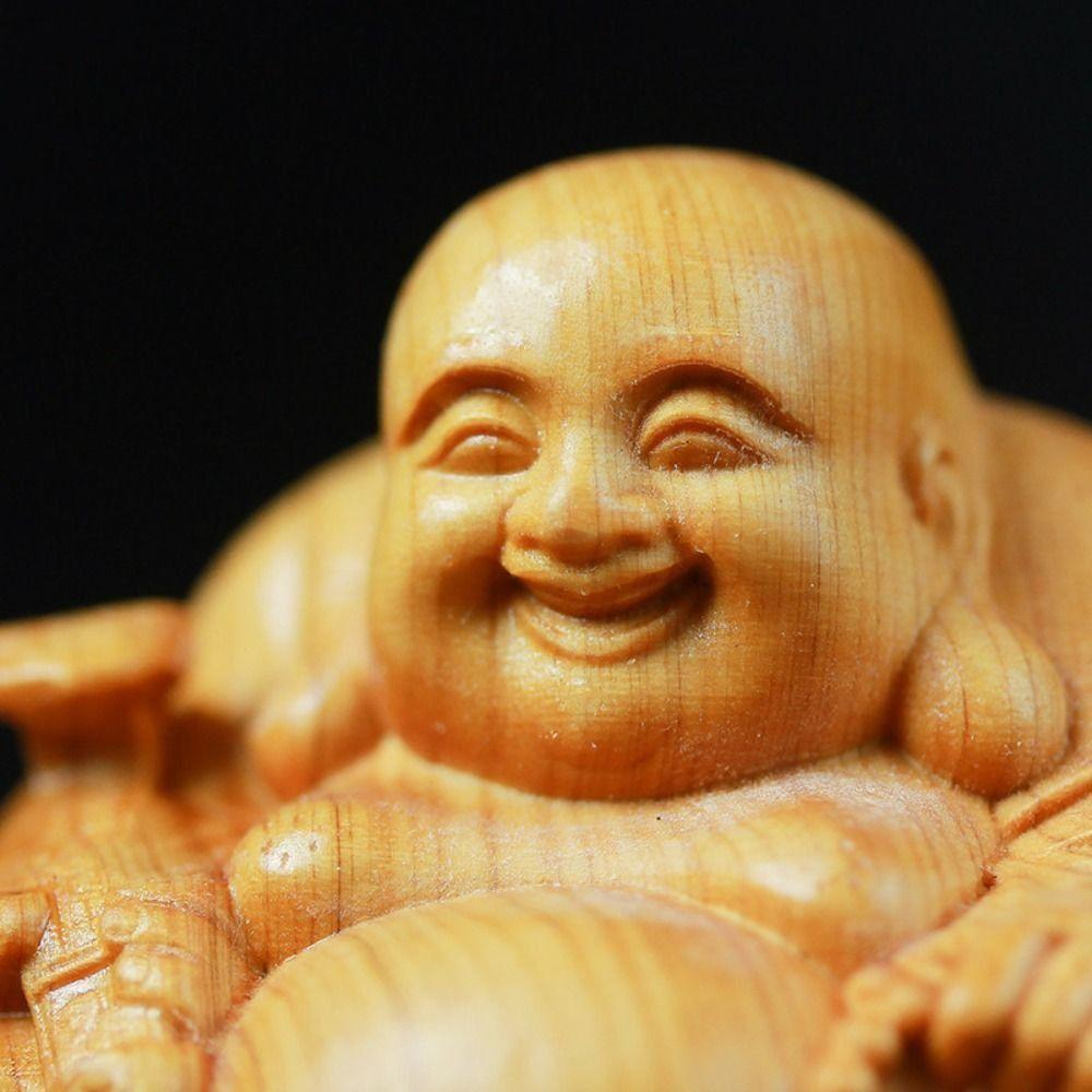 Miniature Laughing Buddha Maitreya Sculpture Wooden Mini Handmade Statue Woodcarving Buddha Statue Craft Gift