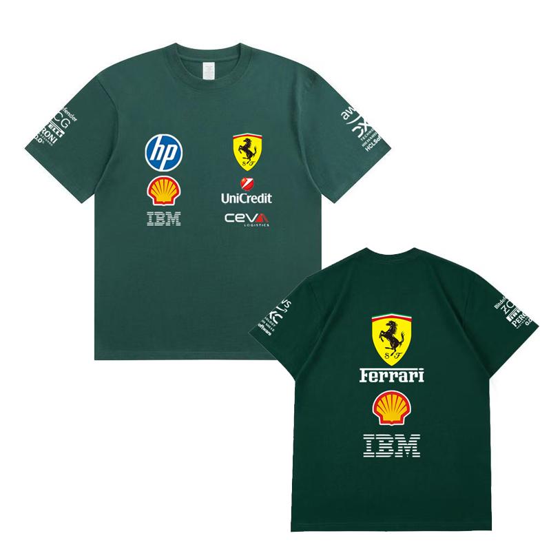 Camiseta Oversized de Casal Ferrari F1 Racing Estampa Clássica de Logo de Patrocinador Manga Curta Casual de Motorsport Streetwear