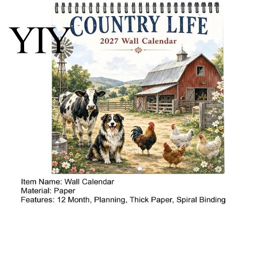 Family Schedule Planner Country Life 2027 Wall Calendar, Jan 2027- Dec 12 Retro Style Art Monthly Planner, Farm Animals Hanging Calendar for